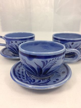 6 Pc Vintage Tonalo Mexico Blue Bird Pottery 3 Set Cups & Saucers