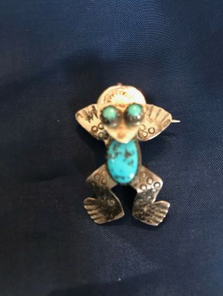 Large Vintage Navajo Indian Silver & Turquoise Frog Pin Brooch Some Tarnish