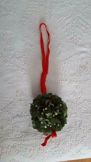 Vintage Satin Christmas Mistletoe Holly Berry 5 " Kiss Ball Hanging,  Silk? Ribbon
