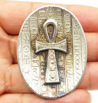 925 Sterling Silver - Vintage Etched Hieroglyphics Oval Ankh Brooch Pin - Bp3071