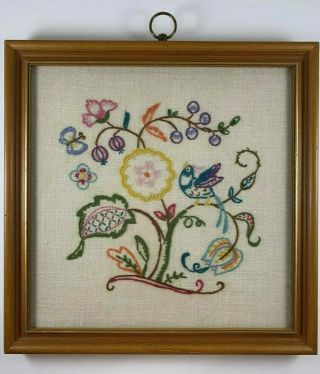 Crewel Embroidery Framed Under Glass 13.  75 " X13.  75 " Flowers Bird Finished Vintage