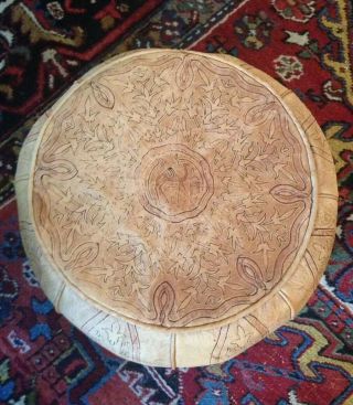 Vtg Moroccan Leather Ottoman Pouf Footstool Boho Tan Embossed
