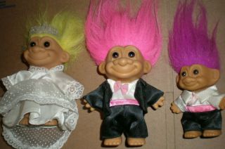 3 Vintage Russ Troll Dolls 4 1/4 " Bride & Groom And Their Boy The Best Man 3 "