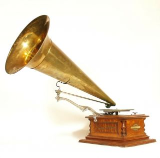 1901 Zonophone Grand Opera Phonograph W/cut Glass Back & 30 " All - Brass Horn