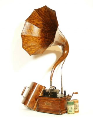 1910 Edison Fireside Phonograph W/matching Faux Wood Cygnet Horn 2/4 Minute