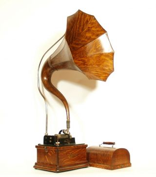 1910 Edison Fireside Phonograph w/Matching Faux Wood Cygnet Horn 2/4 Minute 2