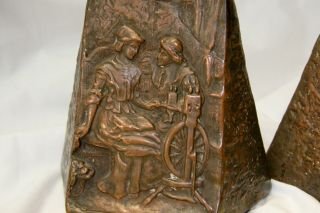 Vintage Brass Bookends Women Loom Spinning Wheel Heavy Bronze Folk Art