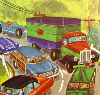 Playskool Traffic Jam Frame Tray Puzzle Vintage Litho 8x10 " Cars Trucks Woody