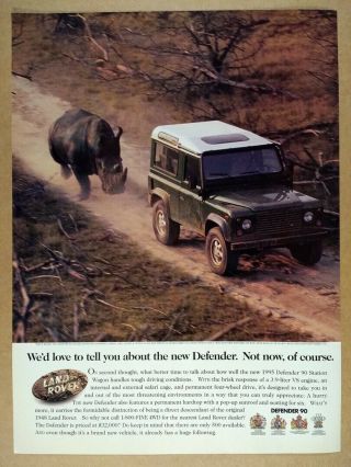 1995 Land Rover Defender 90 Hardtop Rhinoceros Chasing Photo Vintage Print Ad