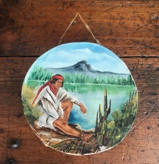 Vintage,  Hand Painted Rawhide Souvenir Native American Indian Drum Wall Hanging