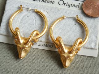 Vintage Nos Quality Pr Goat Ram Head Gold Tone Hoop Pcd Earrings D29