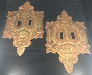 Two Vintage Double Light Switch Ornate Metal Copper Plates Electric Wall Covers