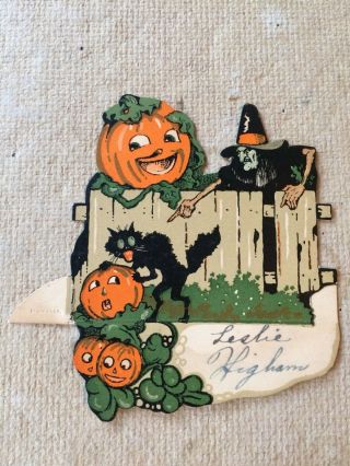 Vintage Halloween Placecard Dennison Diecut Witch Black Cat Jack O Lanterns