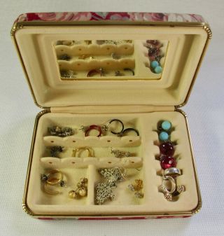 Rose Fabric Jewel Box With 13 Pairs Of Vintage Earrings
