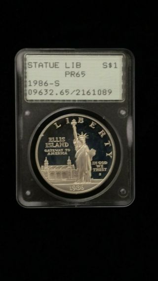 1986 - S Statue Of Liberty Proof Silver Dollar Pcgs Pr65 (vintage Rattler Slab)