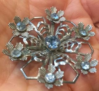 Silver And Light Blue Rhinestone Vintage Brooch Pin Snowflake Star Flower Cutout