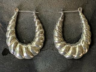 Vintage Mexico 925 Sterling Silver Hollow Hoop Earrings Pierced