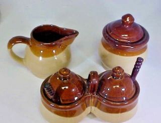Vintage Stoneware Ceramic Brown Highly Glazed Condiment Set And Cream And Sugar