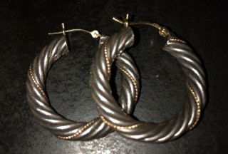 Vintage Sterling Silver 14k Gold Post And Rope 1 3/8 Diameter Hoop Earrings