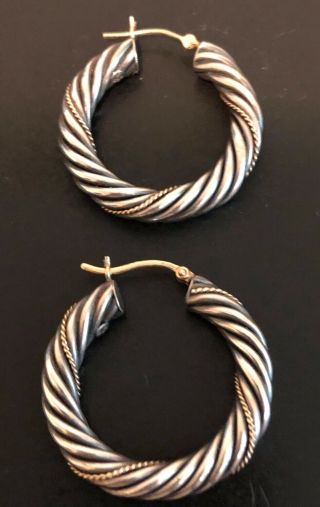 Vintage Sterling Silver 14k gold Post and Rope 1 3/8 diameter Hoop Earrings 2