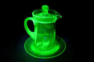 Vintage Green Depression Glass Syrup Pitcher W/ Under Dish Uranium Glass
