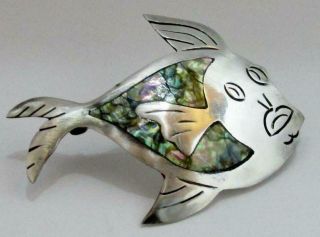 Vtg Mex Taxco Signed Melecio Rodrequez Sterling Silver Abalone Fish Brooch/ Pin