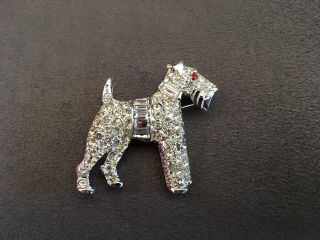 Vintage Antique Airedale Terrier Brooch Pin - Rhinestone W/red Stone Eyes 1950 