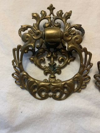 2 Antique Vintage Brass Door Drawer Cabinet Pulls Handles Hanging Ornate Fancy 2