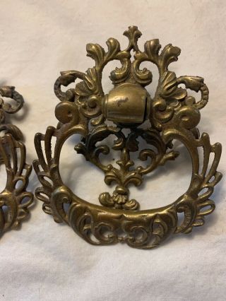 2 Antique Vintage Brass Door Drawer Cabinet Pulls Handles Hanging Ornate Fancy 3