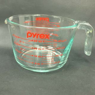 Vintage Pyrex Glass Measuring 4 Cup 1 Quart Red Lettering Open Handle