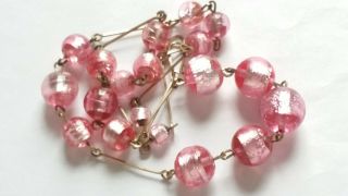 Czech Vintage Art Deco Pink Foil Glass Bead Necklace Rolled Gold Links