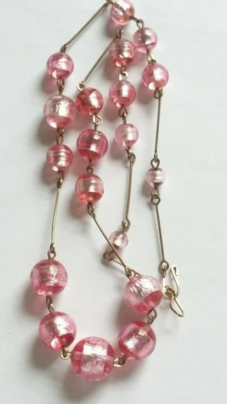Czech Vintage Art Deco Pink Foil Glass Bead Necklace Rolled Gold Links 2