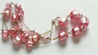 Czech Vintage Art Deco Pink Foil Glass Bead Necklace Rolled Gold Links 3