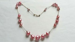 Czech Vintage Art Deco Pink Foil Glass Bead Necklace Rolled Gold Links 5