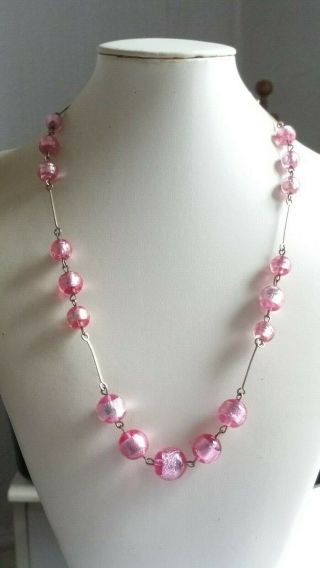 Czech Vintage Art Deco Pink Foil Glass Bead Necklace Rolled Gold Links 6
