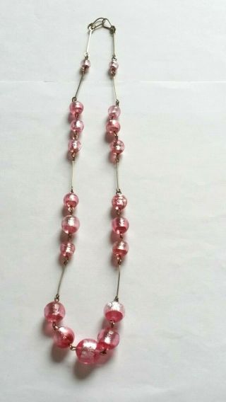 Czech Vintage Art Deco Pink Foil Glass Bead Necklace Rolled Gold Links 7