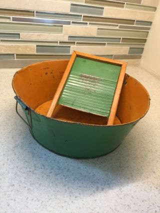 Antique Vintage Child Doll Toy Tin Washboard With Basin