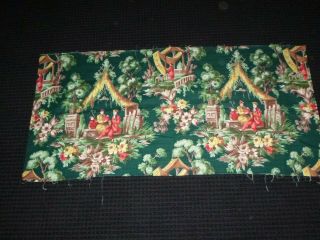 Vtg Cotton Barkcloth Fabric Craft Pillow Piece Green Asian Garden & People 48x22 2