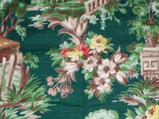 Vtg Cotton Barkcloth Fabric Craft Pillow Piece Green Asian Garden & People 48x22 3