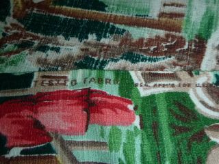 Vtg Cotton Barkcloth Fabric Craft Pillow Piece Green Asian Garden & People 48x22 7