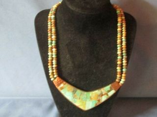 Vintage Copper - Tone Metal Simulated Turquoise Necklace