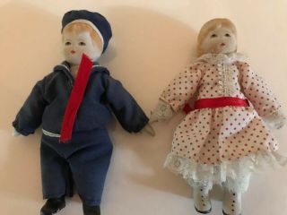 Pair Vintage 4 " Bisque Dolls Sailor Boy & Girl With Red Polka Dot Dress