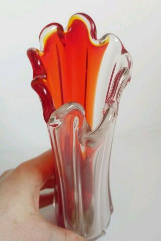 50s 60s Retro Vintage Red & Clear Murano Freeform Art Glass Bud Stem Vase Pontil