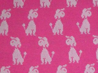 Vtg 70s Poly Double Knit Fabric Bright Pink W/ White Poodles Dogs 65 " X 1.  5 Yds
