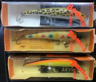 3 Bomber Long A Shallow Runner Vintage Fishing Lures In Boxes 3/8 Oz