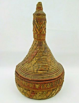 Vintage Hand Woven Basket With Cone Shaped Lid Faded Multi Color Unknown Maker