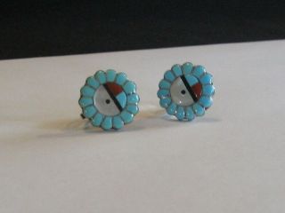 Vintage Handmade Sterling Silver Sun Face Zuni Earrings Multistone Inlay Signed