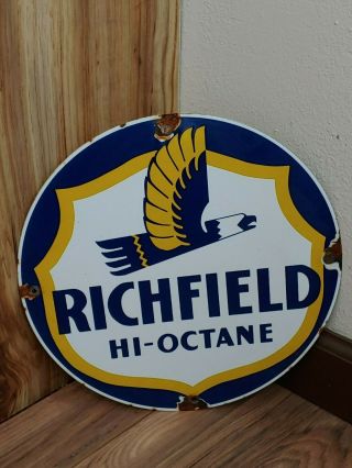 Vintage Richfield Hi - Octane Gasoline Porcelain Enamel Gas Pump Sign