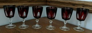 6 Vintage Luminarc France Ruby Red Cut To Clear Cordial Stem Crystal Glass Foot