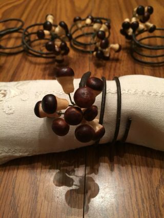 Wood Napkin Rings Holders Brown Wooden Beads On Wire Wrap Coil Set Of 6 Vintage